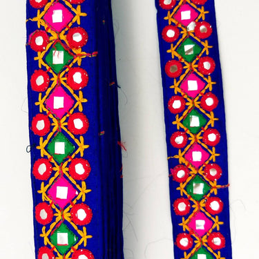 Blue Multicoloured Indian Mirror Trim Kutch Embroidered Navratri Garba Dress Trim Bridal Lace, Indian Sari Border 34 mm Wide Trim Per Yard